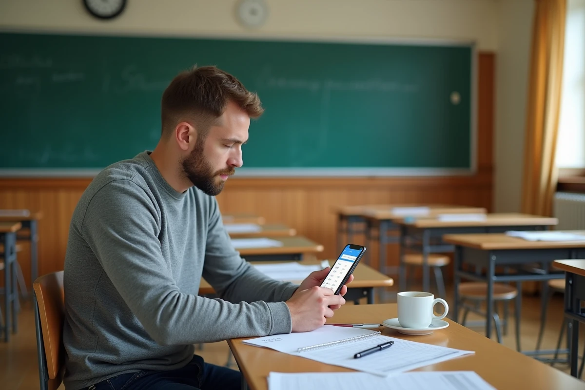 Professeur consultant le portail enseignant Ecole Direct sur smartphone à son bureau en classe