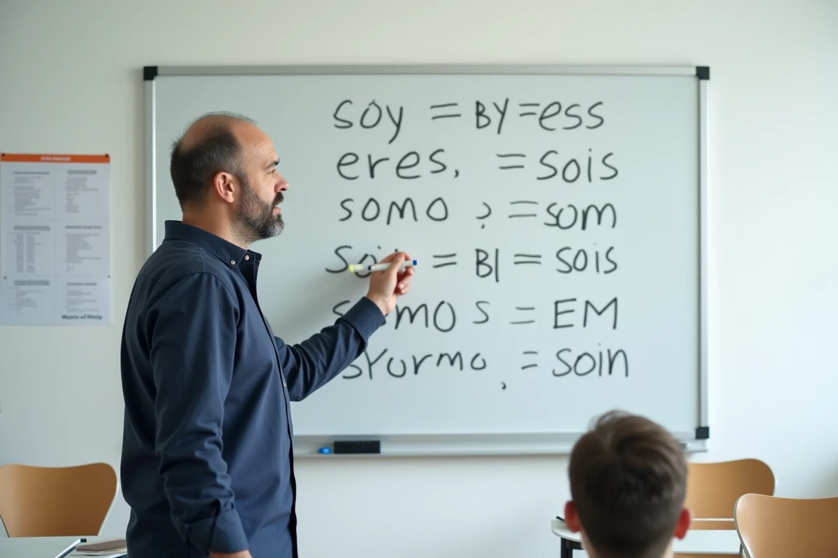 Professeur d'espagnol devant un tableau blanc avec les conjugaisons du verbe SER écrites à la main, dans une salle de classe moderne