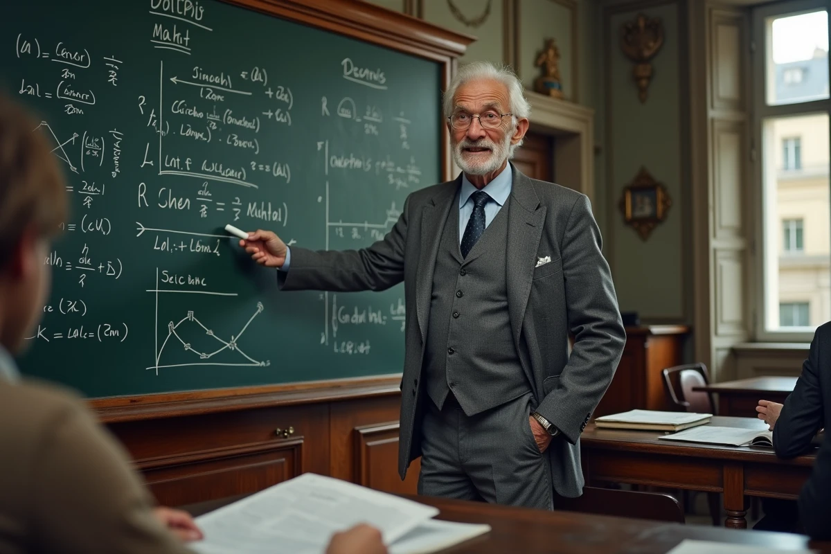 Professeur expliquant des formules financières au tableau