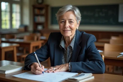 Professeure en classe écrivant des équations complexes