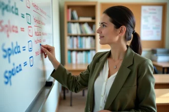 Professeure d'espagnol expliquant la conjugaison de l'imparfait au tableau devant une salle de classe