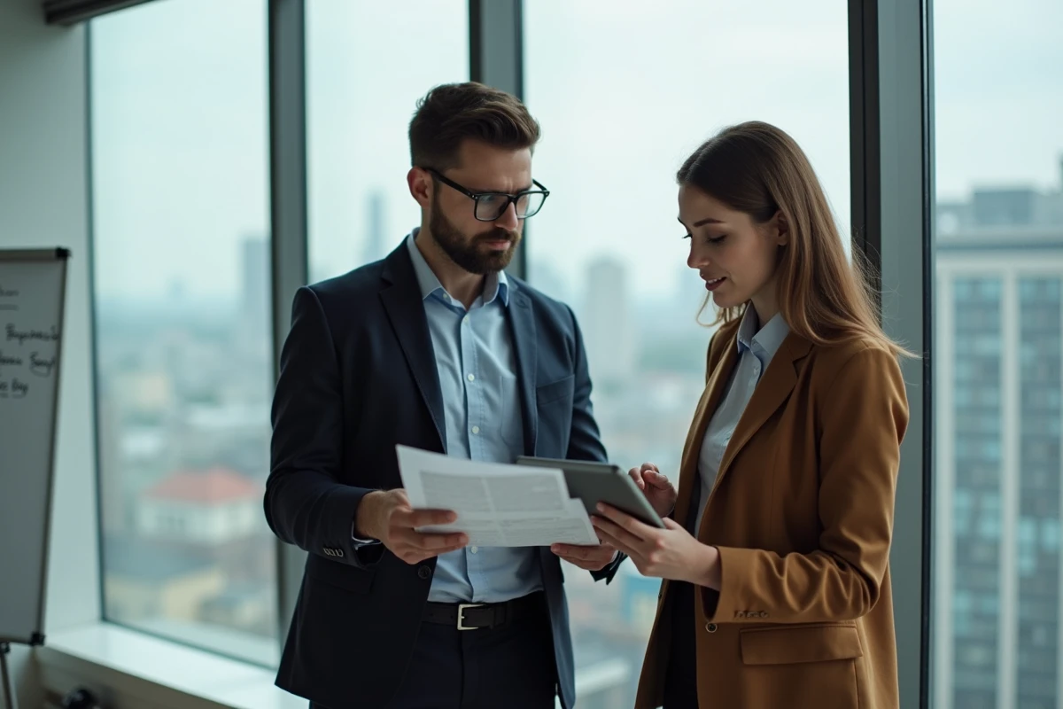 Deux professionnels analysant ensemble les services et le prix d'un magazine business en salle de réunion