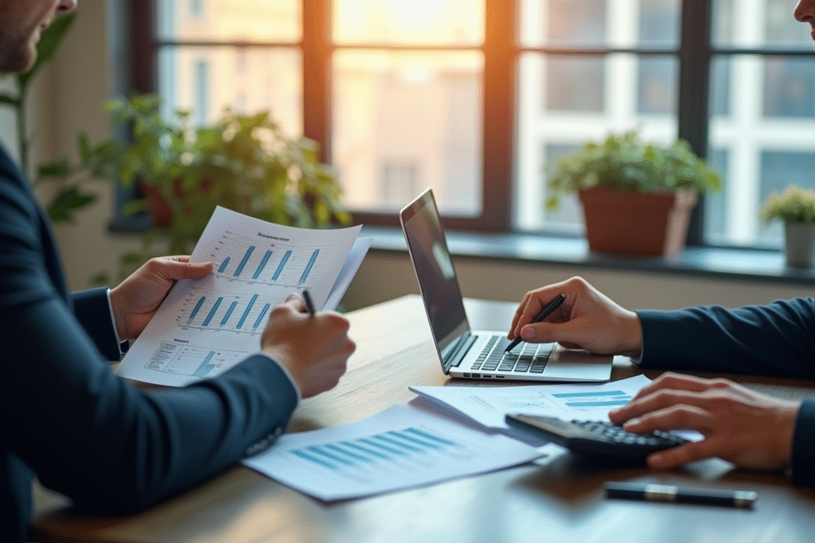 Deux professionnels en bureau lumineux analysant des documents financiers