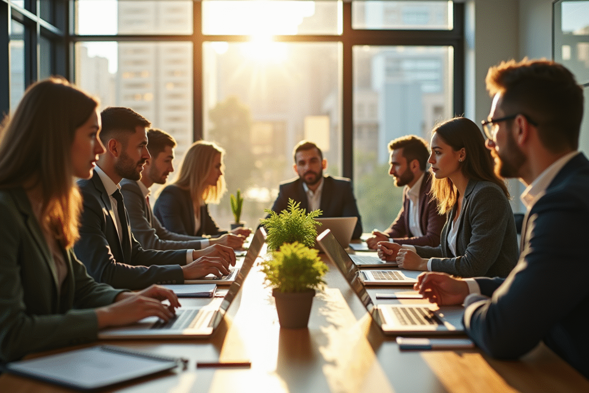 Groupe de professionnels discutant de solutions durables autour d'une table