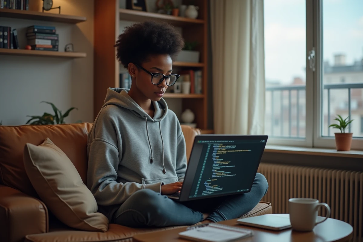 Programmeuse utilisant le vibe coding avec une IA conversationnelle sur son laptop dans un appartement