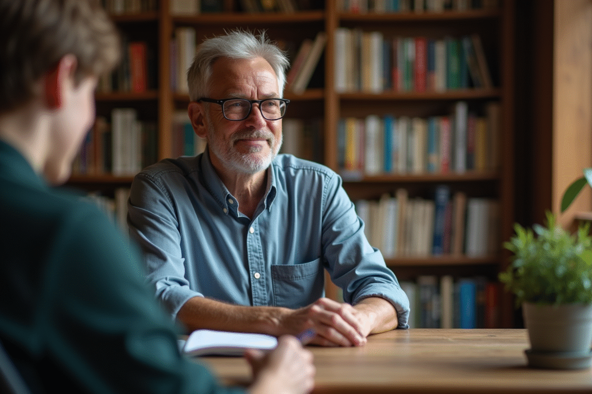 Psychologue homme souriant dans son bureau chaleureux