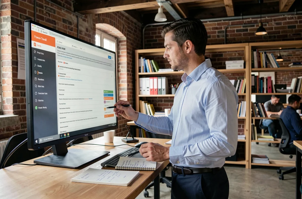 Jeune professionnel recherchant son code ROME sur un ordinateur dans un espace de coworking pour définir son projet d'orientation professionnelle