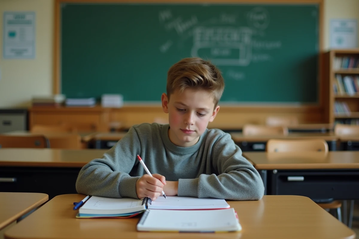 Adolescent préparant le brouillon de son discours de candidature au poste de délégué de classe dans une salle de cours vide