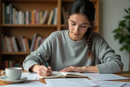 Femme rédigeant des notes avec connecteurs logiques dans un carnet sur un bureau en bois entouré de feuilles annotées