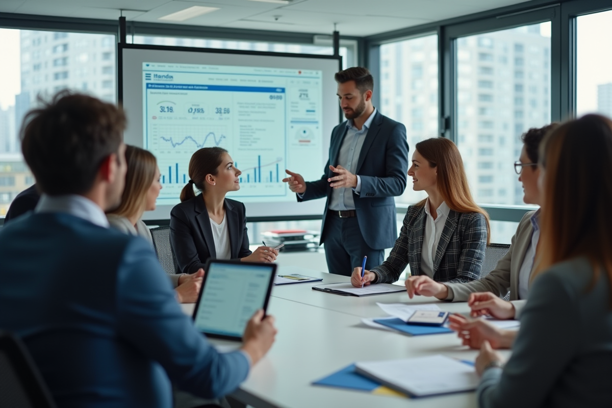Groupe de professionnels en réunion discutant d un rapport financier