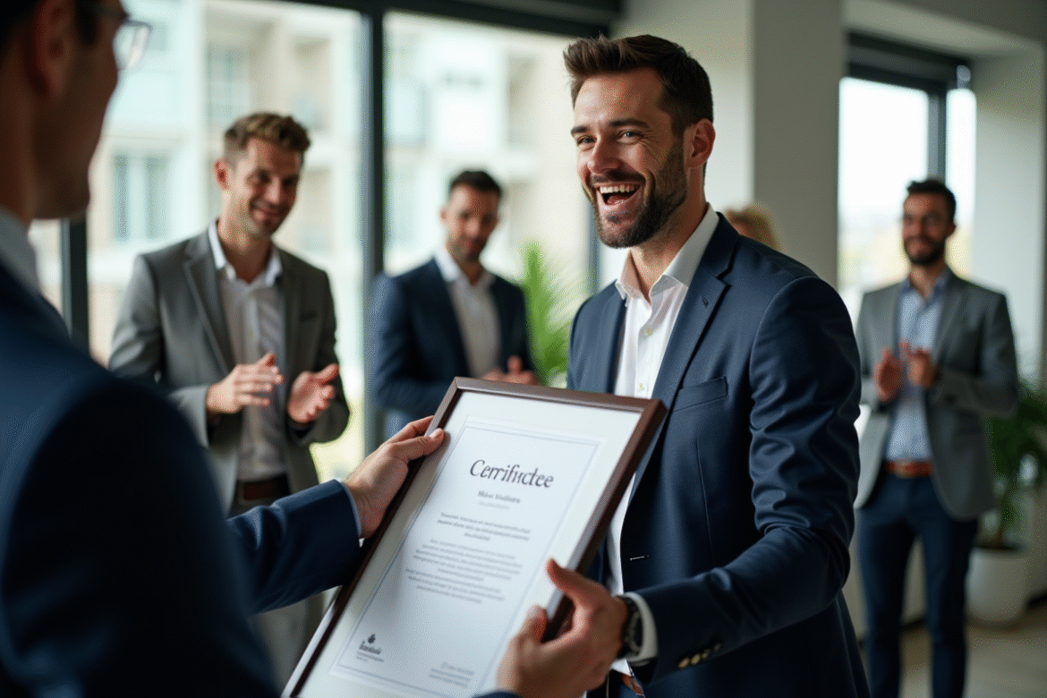 Professionnel confiant recevant un certificat dans un bureau moderne