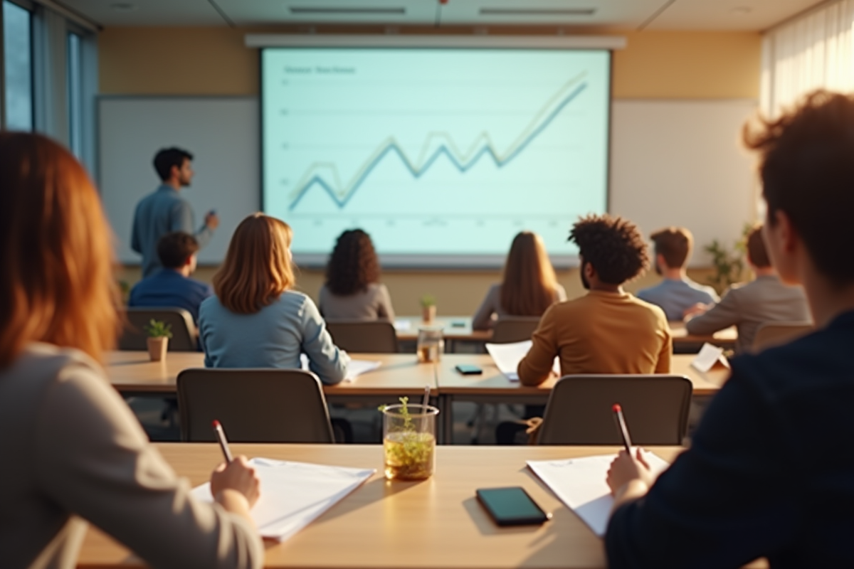 Apprenants en formation en présentiel prenant des notes en classe