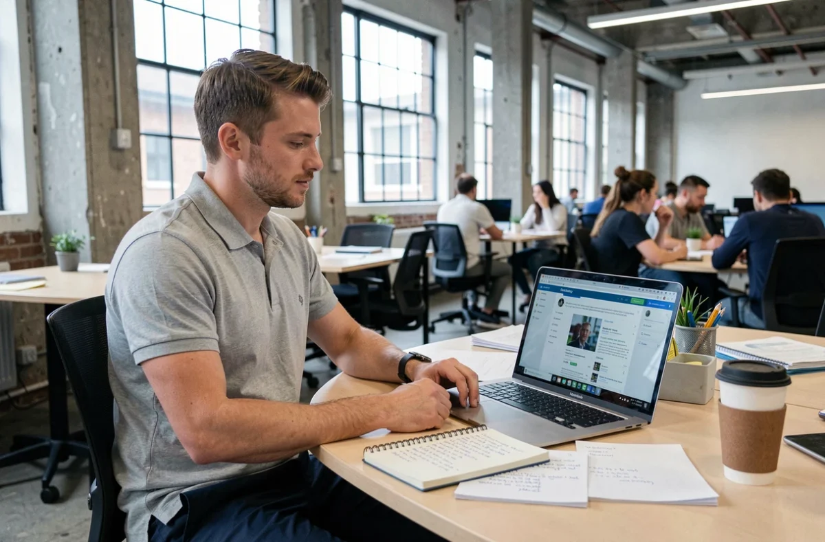 Homme se formant en ligne via une plateforme d'apprentissage gratuite dans un espace de coworking moderne, avec un cahier de notes manuscrites