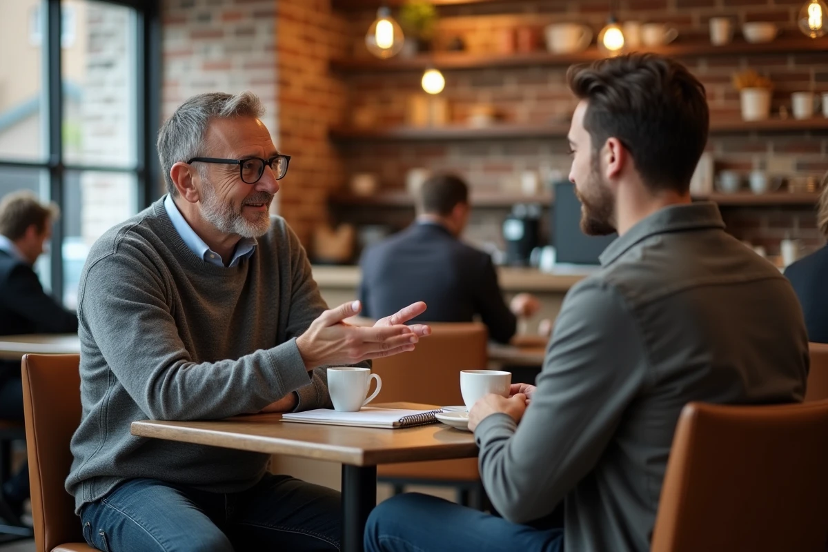 Session de mentorat en face à face entre un mentor expérimenté et un jeune professionnel dans un café
