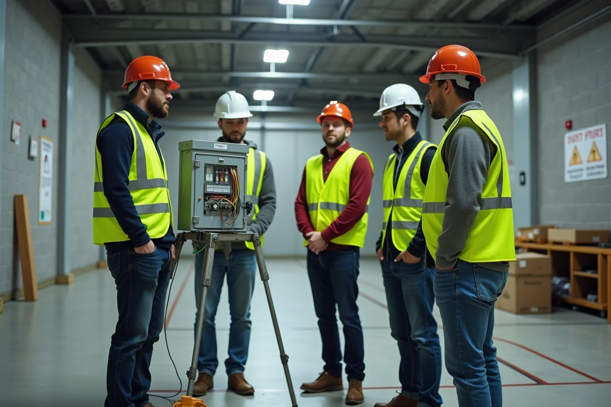 Groupe de stagiaires en formation habilitation électrique Habilec réalisant des exercices pratiques sur panneau électrique dans un gymnase scolaire