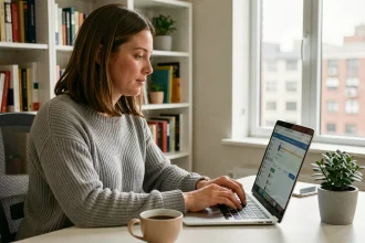 Femme en télétravail utilisant un portail éducatif en ligne depuis son bureau à domicile