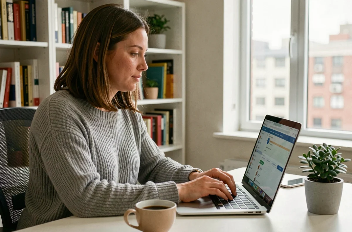 Femme en télétravail utilisant un portail éducatif en ligne depuis son bureau à domicile