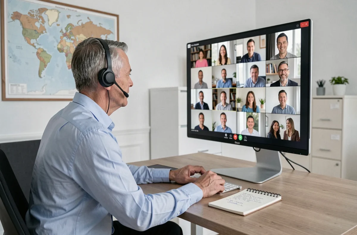 Homme en télétravail participant à une visioconférence professionnelle depuis son bureau à domicile