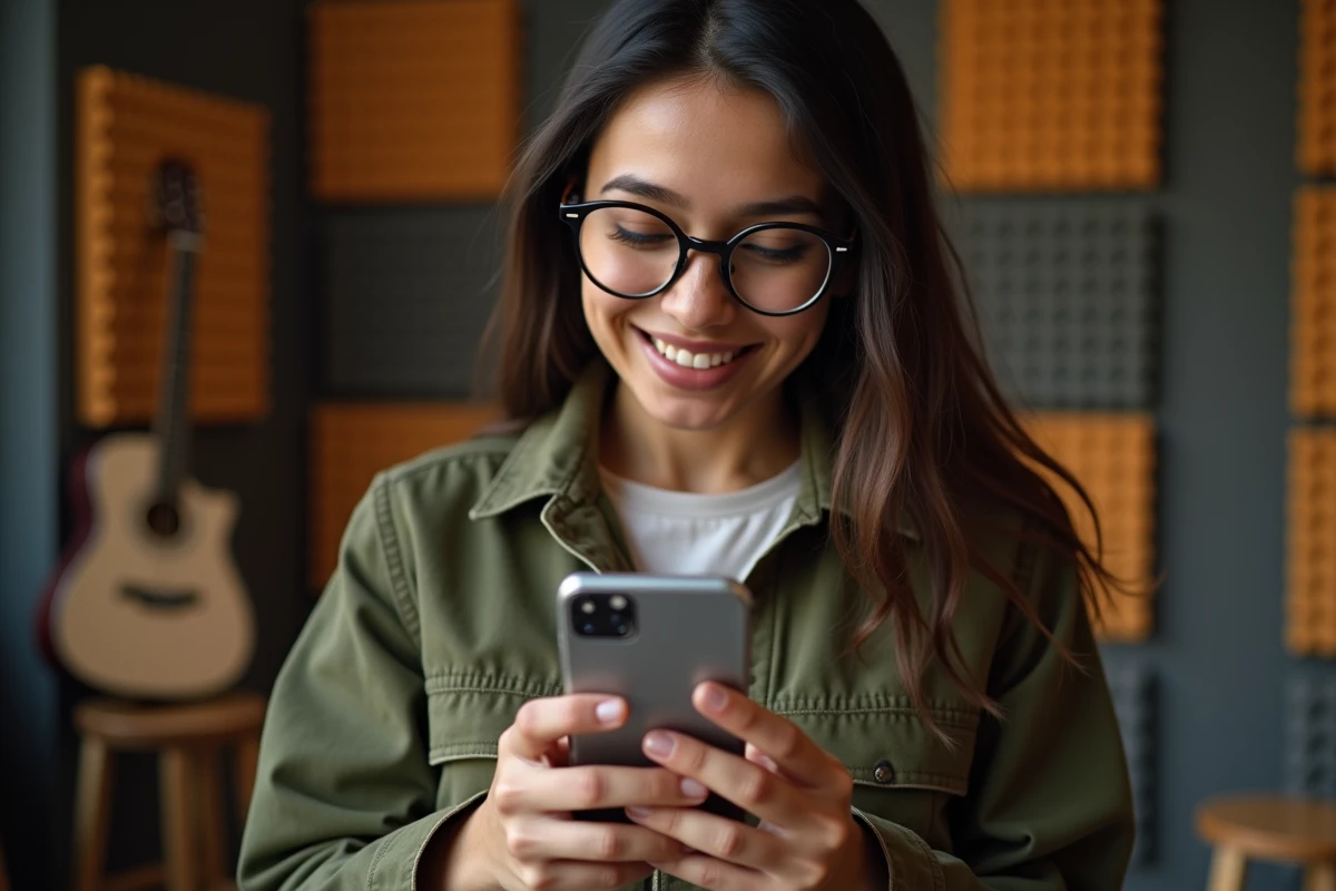 Jeune musicienne vérifiant l'activation de son compte MyGEMA sur smartphone dans un studio de répétition