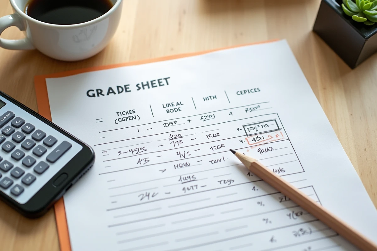 Vue de dessus d'une table d'étude avec fiche de notes et calculateur de moyenne pondérée sur smartphone